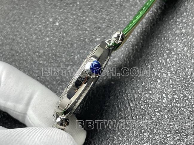 最优复刻手表法兰克穆勒石英ABF厂黑盘钻圈绿色皮革表带侧面实拍图