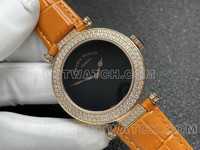 超级克隆手表法兰克穆勒石英ABF厂黑盘金钻圈橙色皮革表带正面实拍图