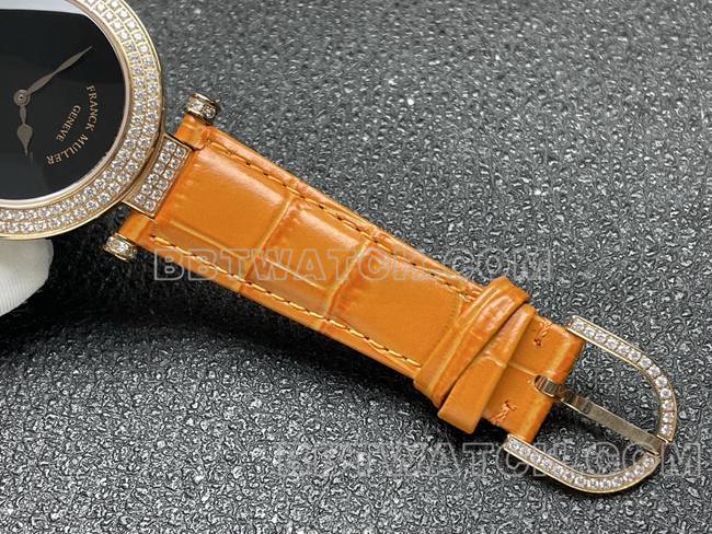 超级克隆手表法兰克穆勒石英ABF厂黑盘金钻圈橙色皮革表带表带实拍图