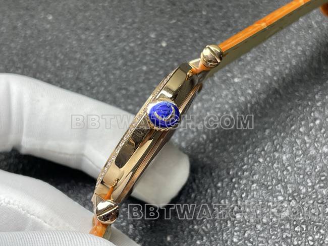 超级克隆手表法兰克穆勒石英ABF厂黑盘金钻圈橙色皮革表带侧面实拍图