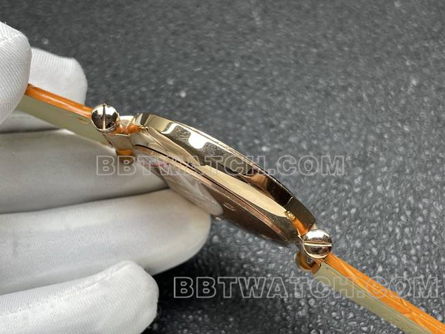 超级克隆手表法兰克穆勒石英ABF厂黑盘金钻圈橙色皮革表带侧面实拍图