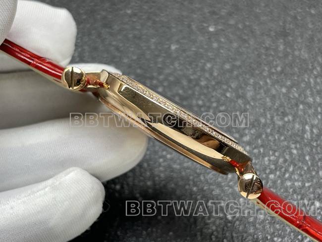 最佳复刻手表法兰克穆勒石英ABF厂黑盘金钻圈红色皮革表带侧面实拍图