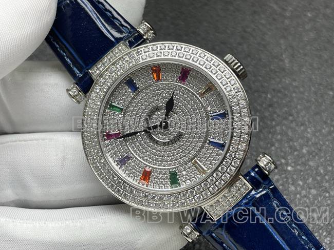 法兰克穆勒1:1复刻手表石英ABF厂钻盘钻圈蓝色皮革表带正面实拍图