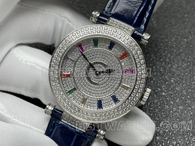 法兰克穆勒1:1复刻手表石英ABF厂钻盘钻圈蓝色皮革表带正面实拍图