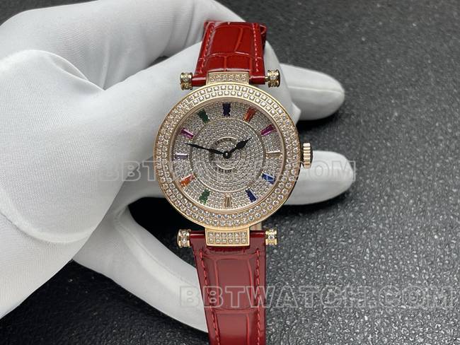 法兰克穆勒最佳复刻手表石英ABF厂钻盘金钻圈红色皮革表带正面实拍图