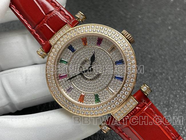 法兰克穆勒最佳复刻手表石英ABF厂钻盘金钻圈红色皮革表带正面实拍图