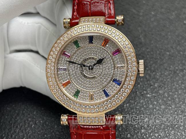 法兰克穆勒最佳复刻手表石英ABF厂钻盘金钻圈红色皮革表带正面实拍图