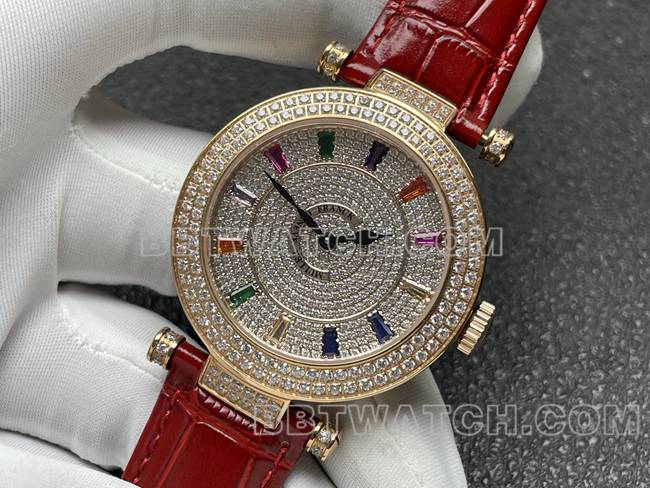 法兰克穆勒最佳复刻手表石英ABF厂钻盘金钻圈红色皮革表带正面实拍图