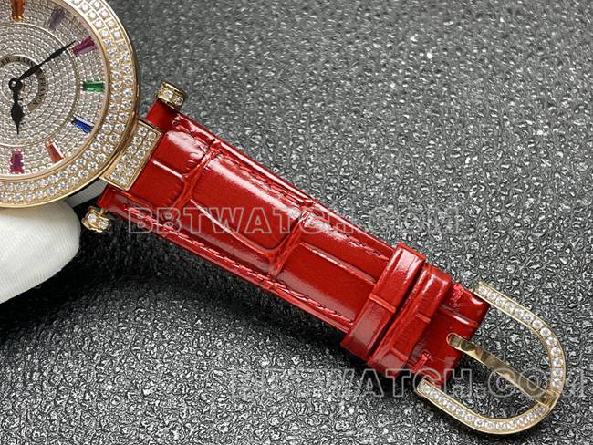 法兰克穆勒最佳复刻手表石英ABF厂钻盘金钻圈红色皮革表带表带实拍图