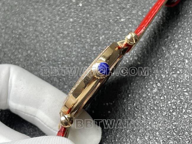 法兰克穆勒最佳复刻手表石英ABF厂钻盘金钻圈红色皮革表带侧面实拍图