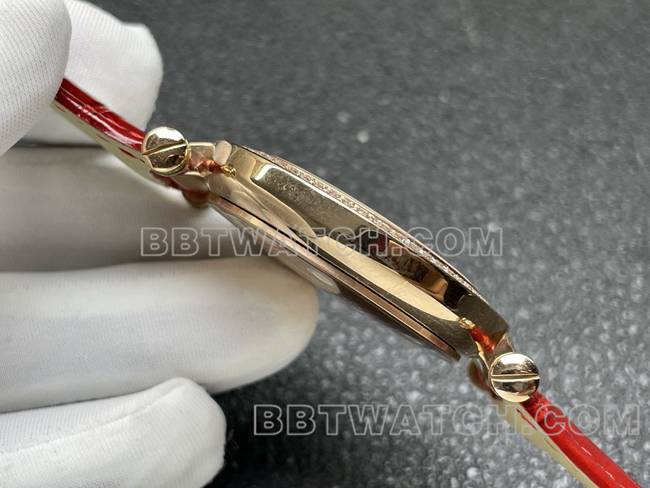 法兰克穆勒最佳复刻手表石英ABF厂钻盘金钻圈红色皮革表带侧面实拍图