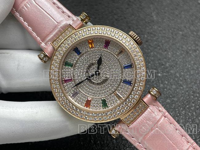 法兰克穆勒石英顶级复刻手表ABF厂钻盘金钻圈粉色皮革表带正面实拍图