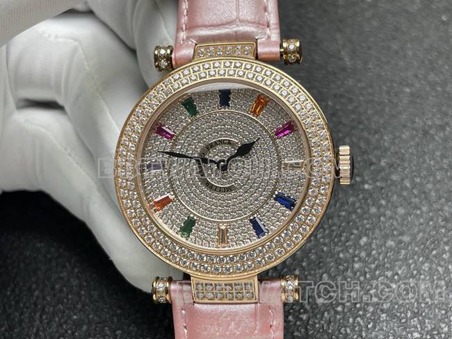 法兰克穆勒石英顶级复刻手表ABF厂钻盘金钻圈粉色皮革表带正面实拍图