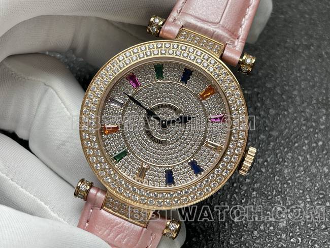 法兰克穆勒石英顶级复刻手表ABF厂钻盘金钻圈粉色皮革表带正面实拍图