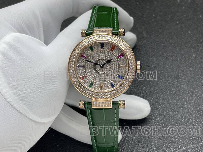 法兰克穆勒石英最优复刻手表ABF厂钻盘金钻圈绿色皮革表带正面实拍图