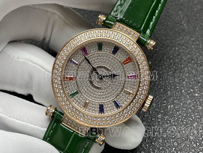 法兰克穆勒石英最优复刻手表ABF厂钻盘金钻圈绿色皮革表带正面实拍图