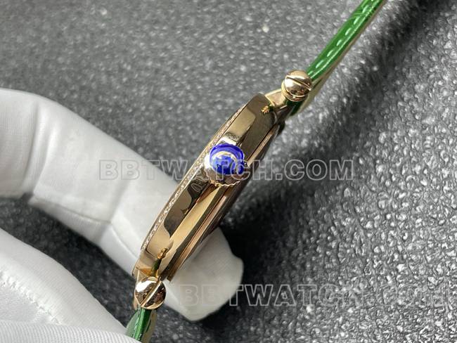 法兰克穆勒石英最优复刻手表ABF厂钻盘金钻圈绿色皮革表带侧面实拍图