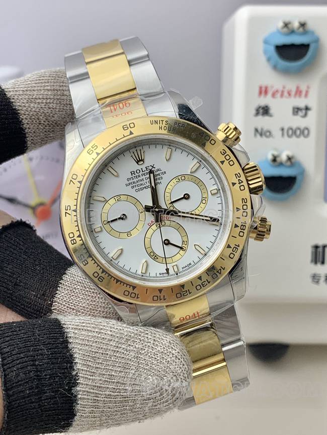 QF厂最佳复刻手表迪通拿劳力士白盘4131机械间金表带正面实拍图