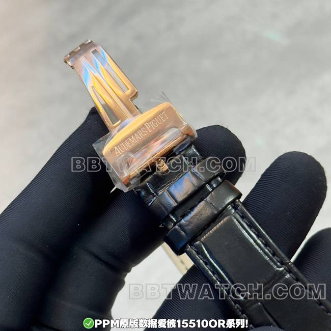 顶级复刻手表PPM厂皇家橡树爱彼黑盘玫瑰金皮革表带表扣实拍图