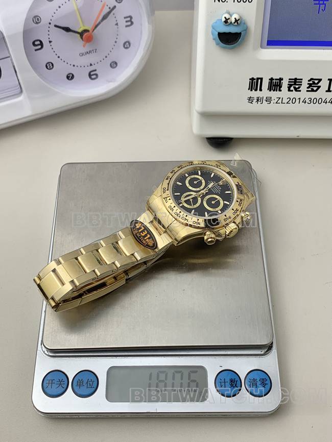 QF厂1:1复刻手表迪通拿劳力士黑盘黄金4131机械重量实拍图
