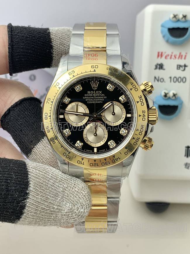QF厂顶级复刻手表劳力士迪通拿黑盘4131机械间金表带正面实拍图
