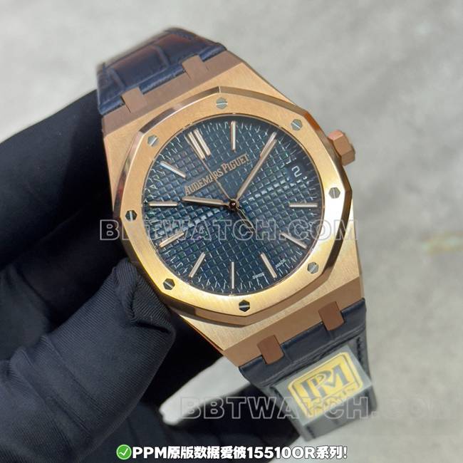 最优复刻手表PPM厂皇家橡树爱彼蓝盘玫瑰金皮革表带正面实拍图