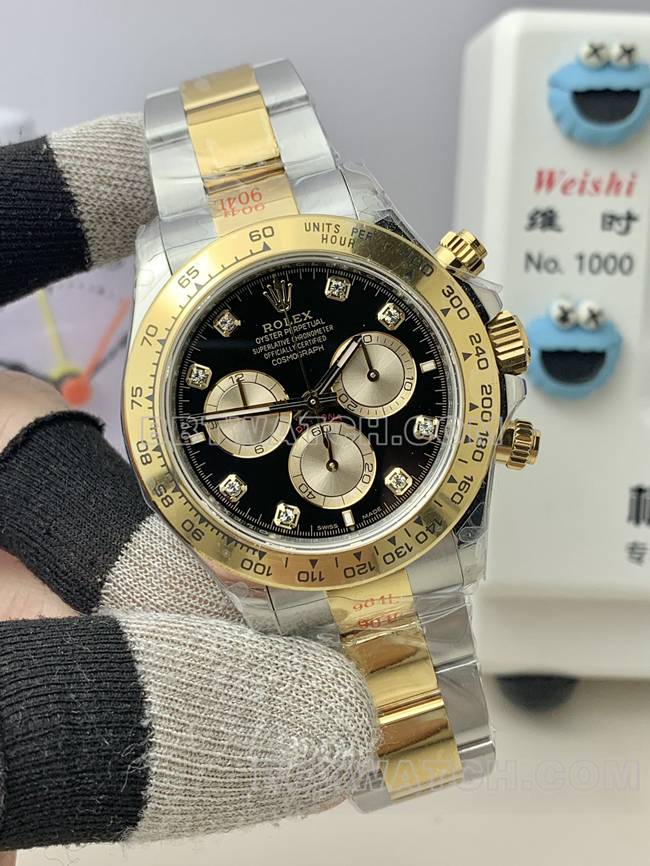 QF厂顶级复刻手表劳力士迪通拿黑盘4131机械间金表带正面实拍图