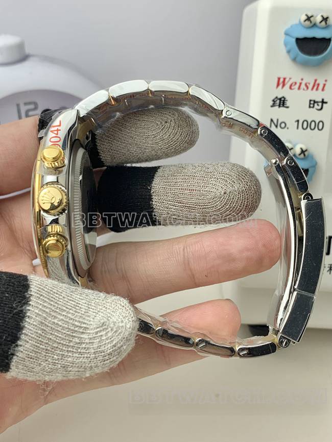 QF厂顶级复刻手表劳力士迪通拿黑盘4131机械间金表带侧面实拍图