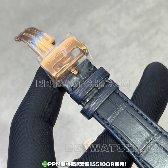 最优复刻手表PPM厂皇家橡树爱彼蓝盘玫瑰金皮革表带表扣实拍图