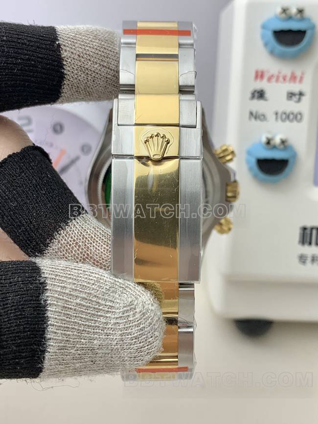 QF厂最佳复刻手表劳力士迪通拿金盘4131机械间金表带表带实拍图