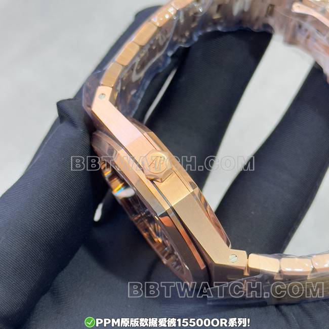 最佳复刻手表PPM厂皇家橡树爱彼黑盘玫瑰金钢表带15500侧面实拍图