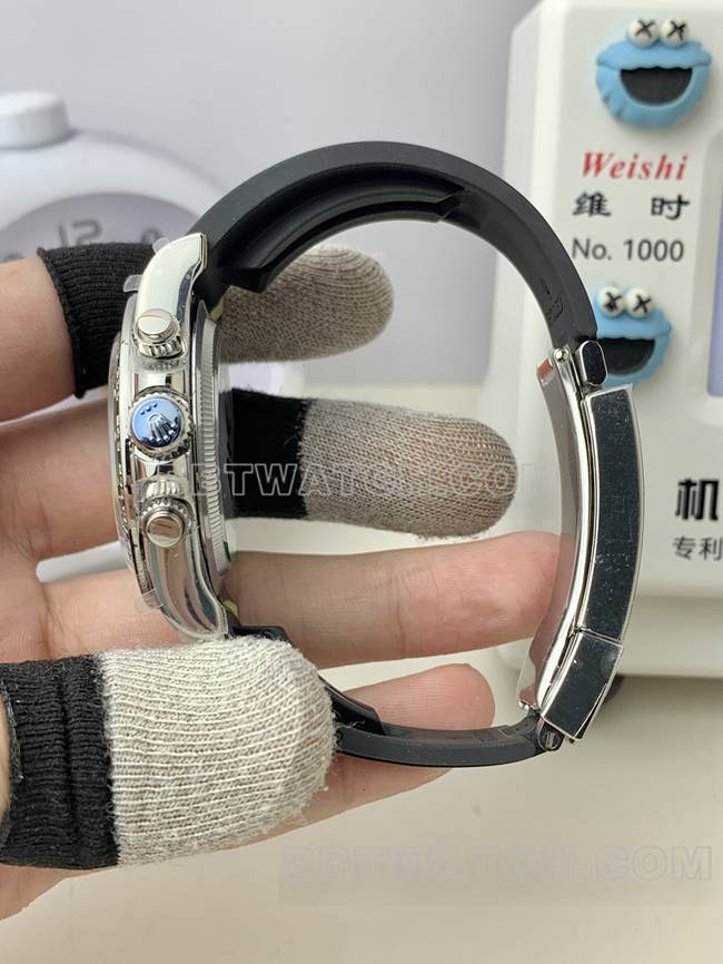 最优复刻手表劳力士QF厂迪通拿黑盘4131机械橡胶表带侧面实拍图