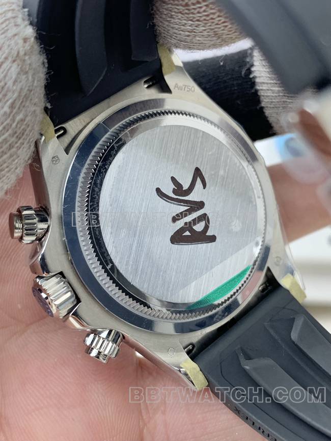 最优复刻手表劳力士QF厂迪通拿黑盘4131机械橡胶表带背面实拍图