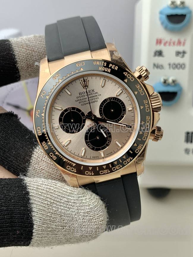 1:1复刻手表劳力士QF厂迪通拿玫瑰金盘4131机械橡胶表带正面实拍图