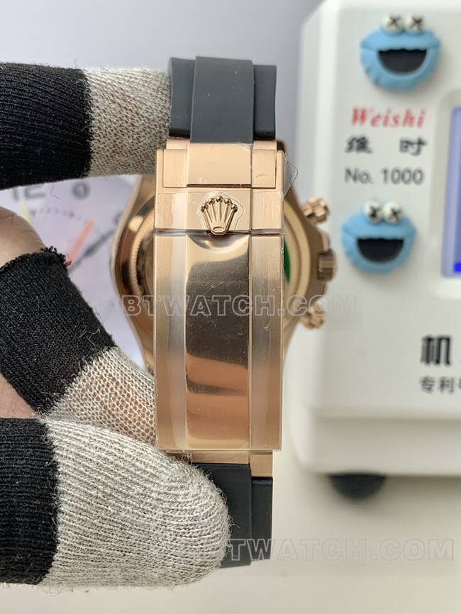 1:1复刻手表劳力士QF厂迪通拿玫瑰金盘4131机械橡胶表带表扣实拍图