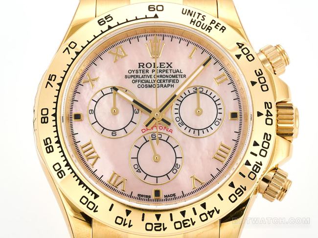 Photos réelles de face de la meilleure réplique de montre Rolex Daytona à cadran en nacre rose, référence 116519