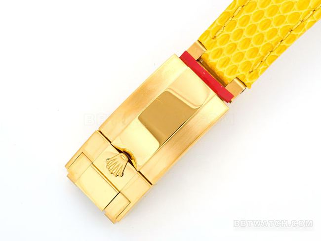 最佳复刻手表劳力士迪通拿黄色贝母盘钻圈116519表扣实拍图