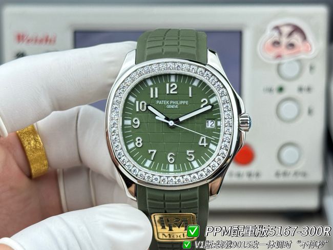 百达翡丽PPM厂顶级复刻手表Aquanaut绿盘钻圈5167正面实拍图