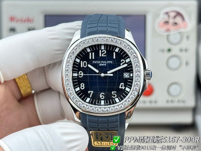 百达翡丽PPM厂最优复刻手表Aquanaut蓝盘钻圈5167正面实拍图