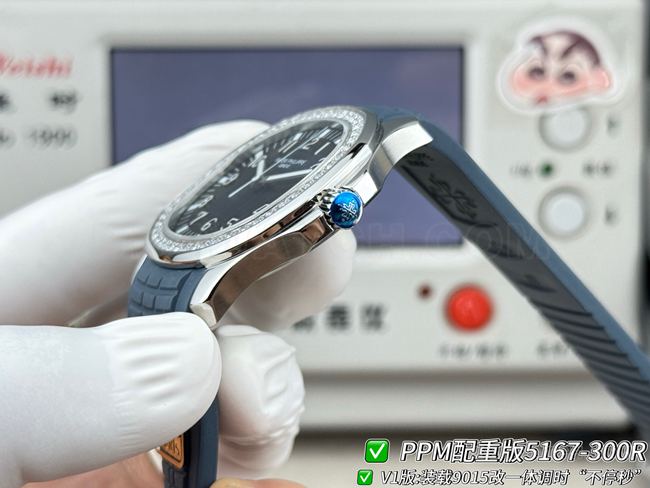 百达翡丽PPM厂最优复刻手表Aquanaut蓝盘钻圈5167侧面实拍图