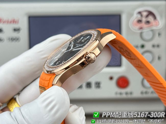 百达翡丽PPM厂1:1复刻手表Aquanaut深棕盘钻圈5167侧面实拍图