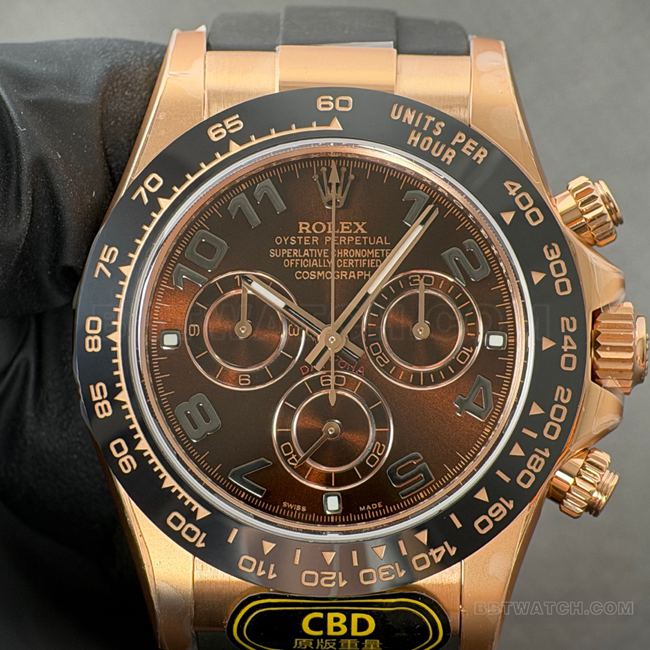 最佳复刻手表CBD厂迪通拿劳力士玫瑰金壳巧克力盘4130正面实拍图