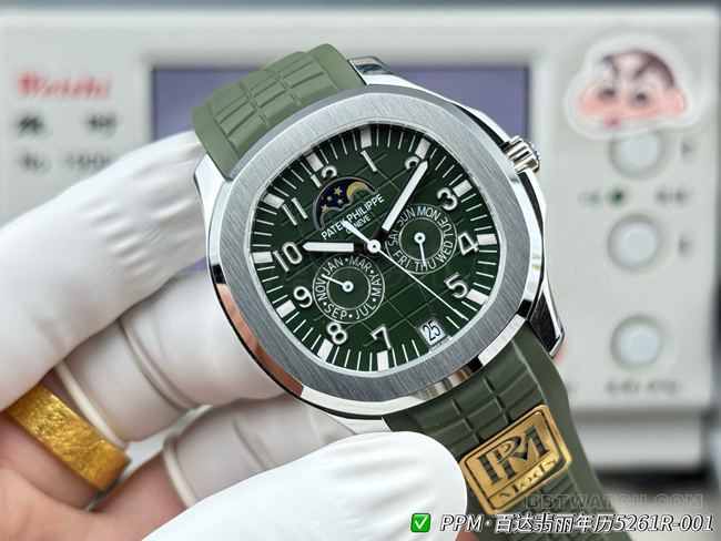 超级克隆手表百达翡丽PPM厂Aquanaut绿盘5261正面实拍图