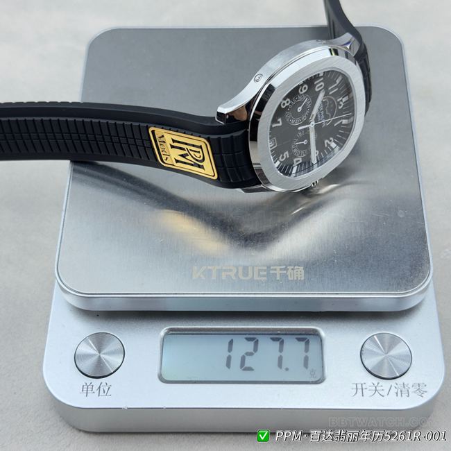 最佳复刻手表百达翡丽PPM厂Aquanaut黑盘5261重量实拍图