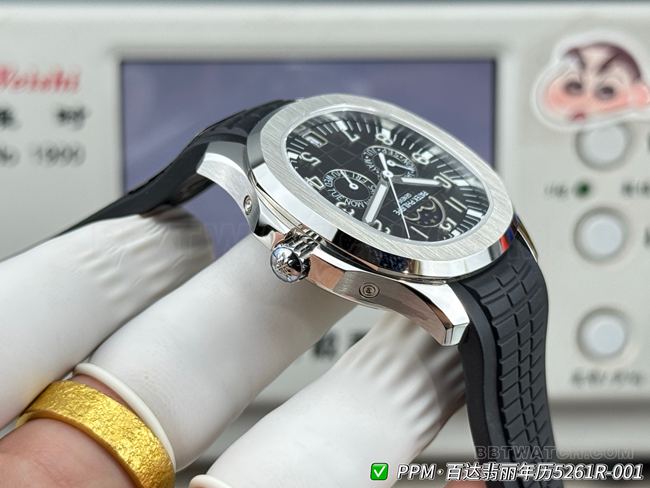 最佳复刻手表百达翡丽PPM厂Aquanaut黑盘5261侧面实拍图