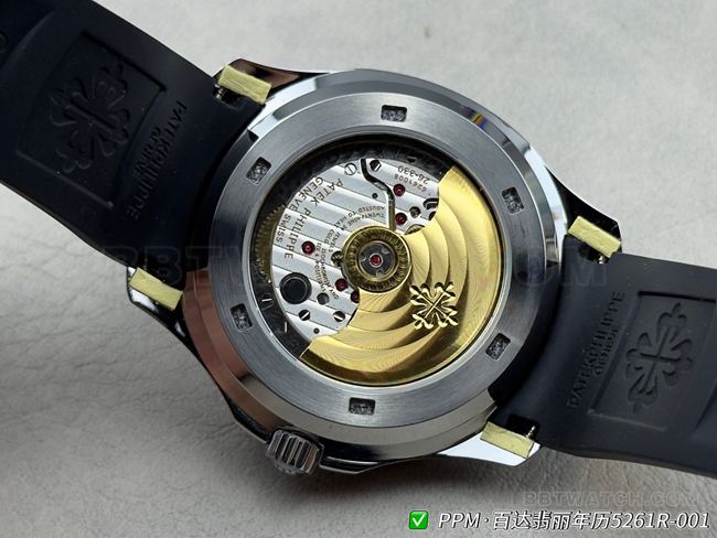 最佳复刻手表百达翡丽PPM厂Aquanaut黑盘5261背面实拍图