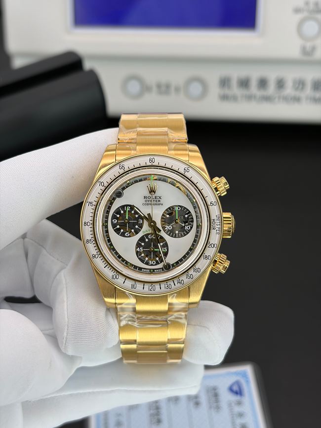顶级复刻手表ADG厂迪通拿劳力士18K包金4130正面实拍图