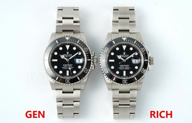 Comparaison entre la réplique haut de gamme de la Rolex « Black Submariner » de l'usine RICH et le modèle authentique : photos réelles illustrant les différences d'aspect