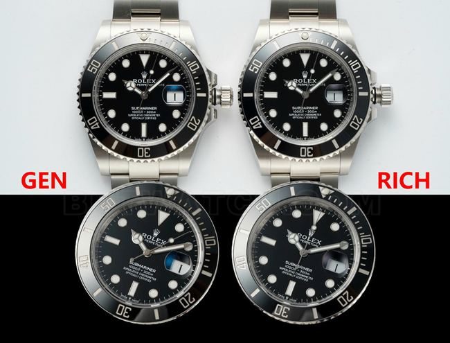 Comparaison entre la réplique haut de gamme de la Rolex « Black Submariner » de l'usine RICH et le modèle authentique : photos réelles illustrant les différences d'aspect