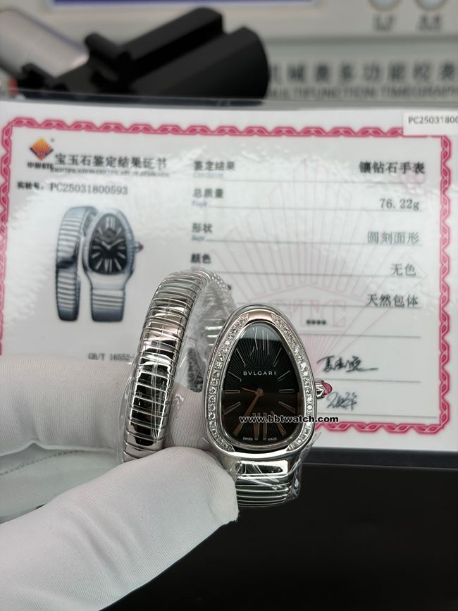 最优复刻手表原单宝格丽SERPENTI黑盘钻圈石英103524正面实拍图